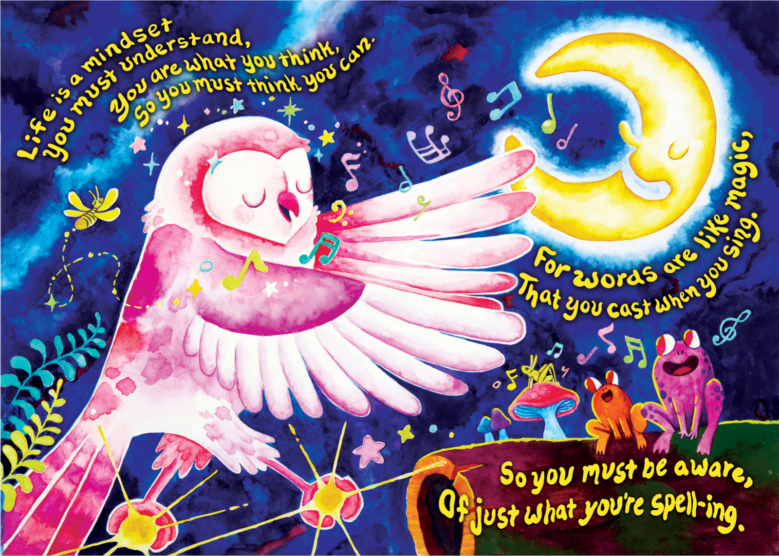 Pink owl singing to the moon with stars and music