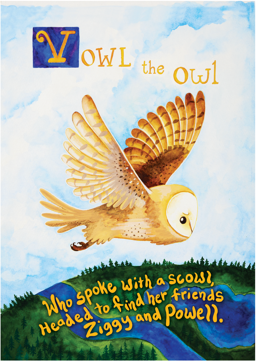 Opening page of Vowl the Owl flying through the sky