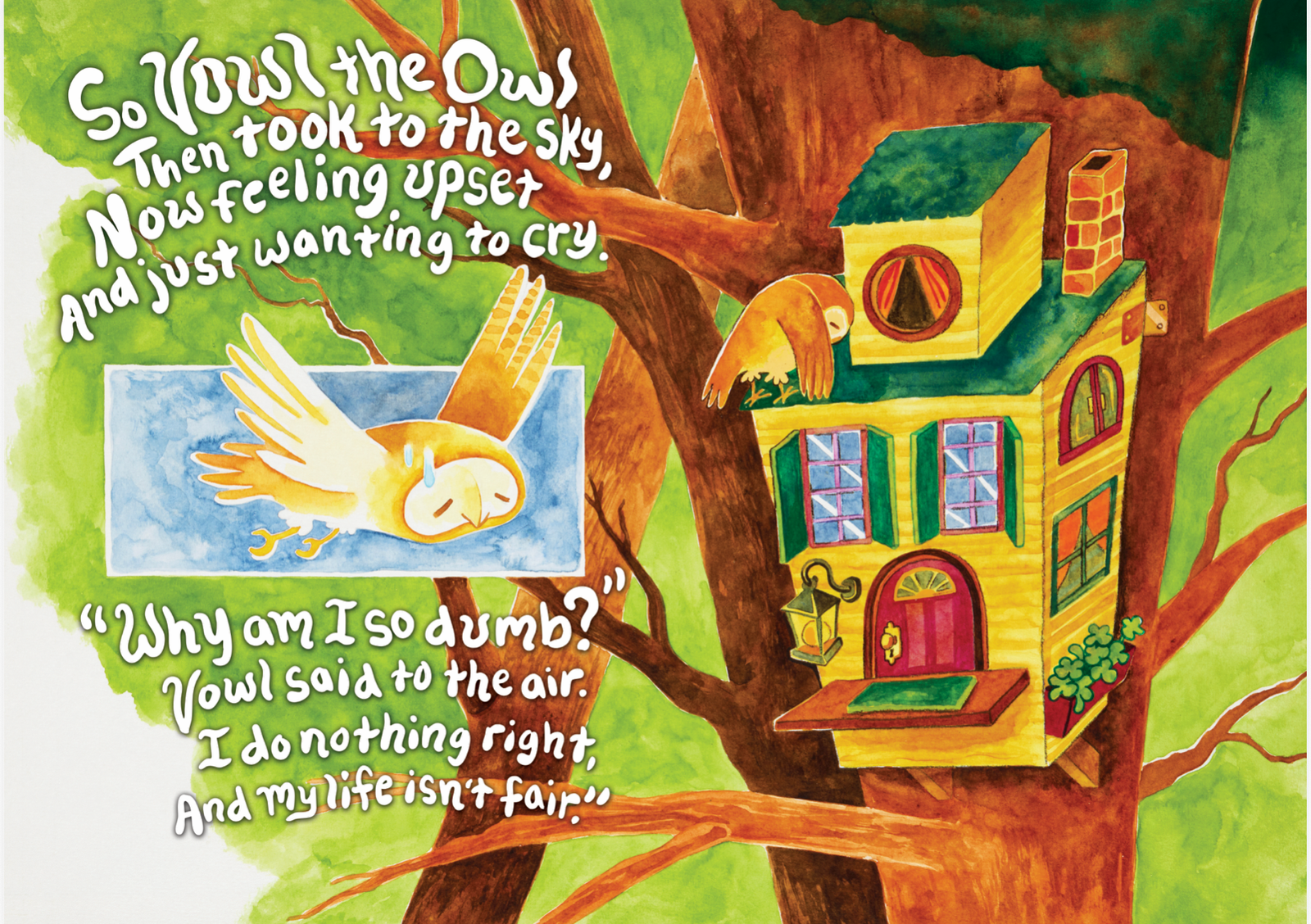 Vowl feeling upset near her treehouse